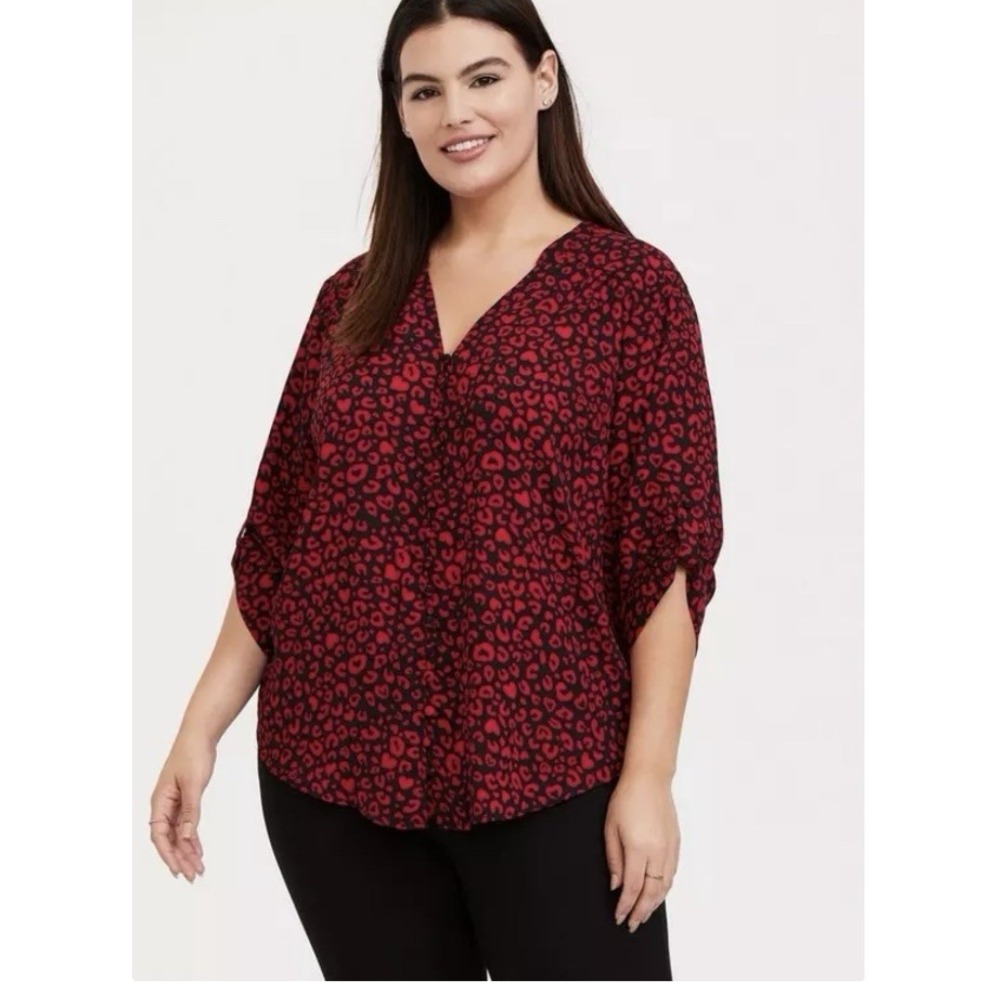 Torrid Harper Red Black Leopard Georgette 3/4 Sleeve Pullover Blouse Size 2X
